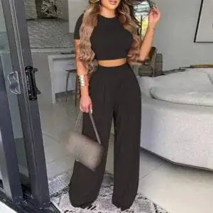 Two Piece Sets Elegant Print Short Sleeve Shirt Pullover + Wide Leg Pants Suits