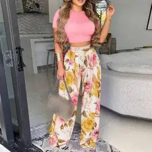 Two Piece Sets Elegant Print Short Sleeve Shirt Pullover + Wide Leg Pants Suits