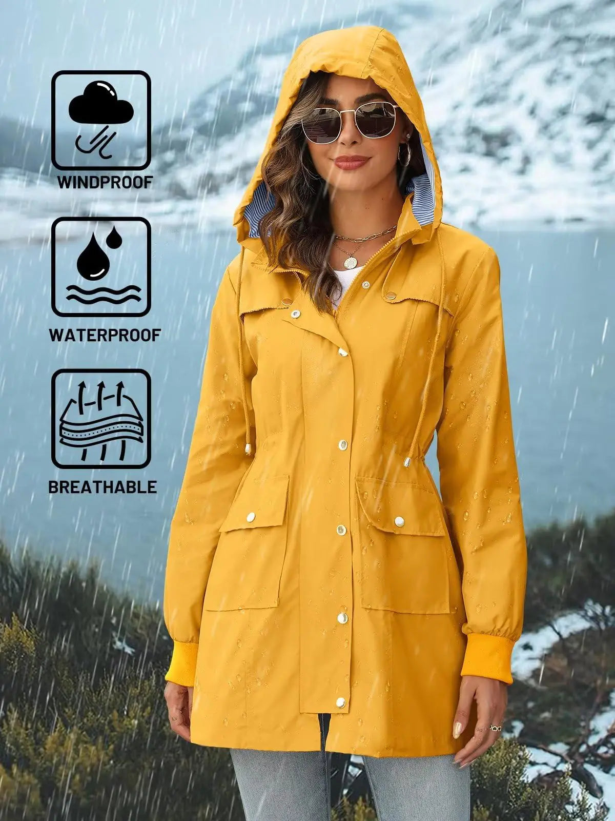 PITINAN Rain Jackets For Women Waterproof Rain Coats with Hood Lightweight Windbreaker Outdoor Trench Coat Medium Yellow