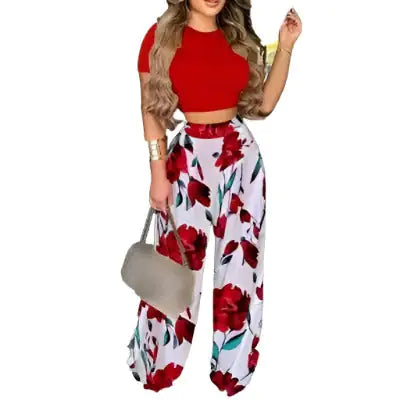 Two Piece Sets Elegant Print Short Sleeve Shirt Pullover + Wide Leg Pants Suits